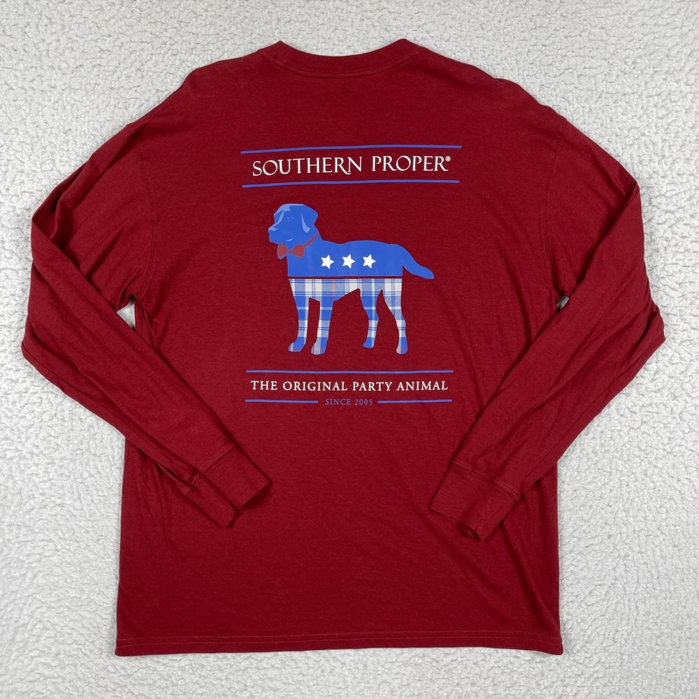 Southern Proper Long Sleeve T-Shirt Mens Medium Red Graphic Pocket Tee Preppy